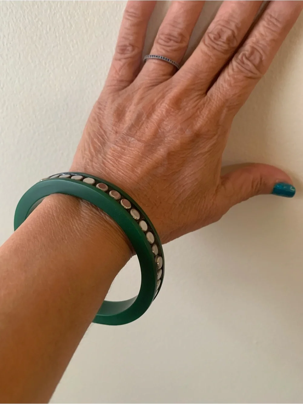 Green Resin Bangle Bracelet with Silver Accent